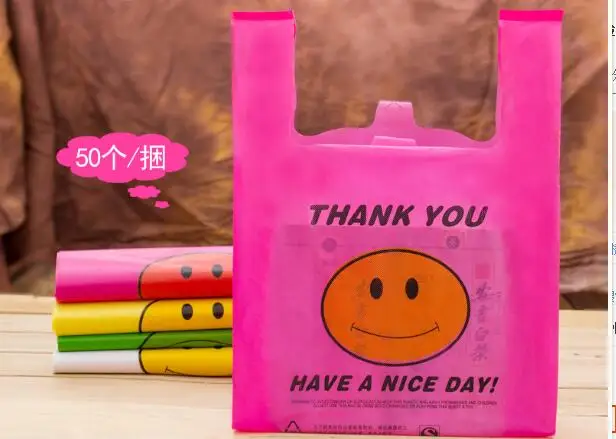 4 размера 50 шт улыбающееся лицо спасибо пластиковые пакеты с рисунком с ручкой материал супермаркет жилет сумки одежда подарочная сумка