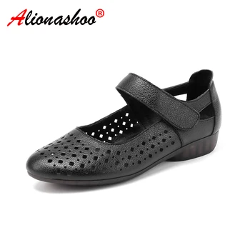 

Summer Genuine Leather Ballet Flat Shoes Woman Round Toe Plus Sizes Solid Black Shallow Soft Office Work Pregnant Shoes Woman