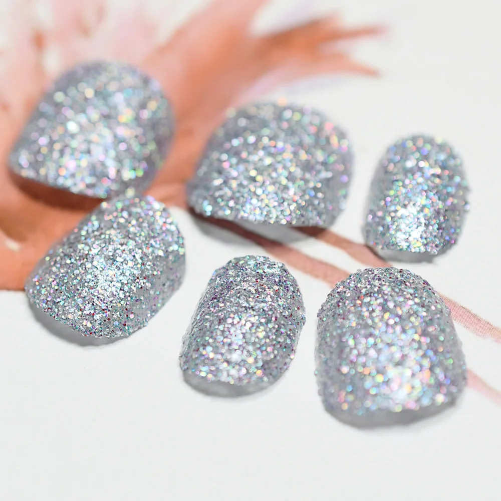 

Holographic Chameleon Colorful False Fake Nails Holo Laser Silver Chrome Glitter Decoration Short Round Nail Paillettes Tips
