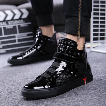 

England style mens casual breathable patent leather shoes hip hop oxfords shoe flat platform motorcycle ankle boots zapatos male