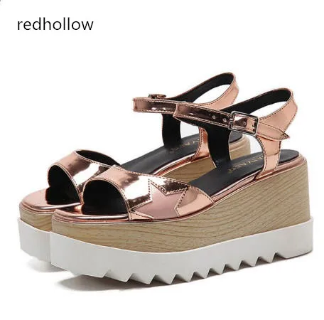 

Summer Women Platform Shoes Oxfords Brogue Stars Shiny Leather Open Toe Sandals Woman Beach Shoes Hollow Light Soles Slippers