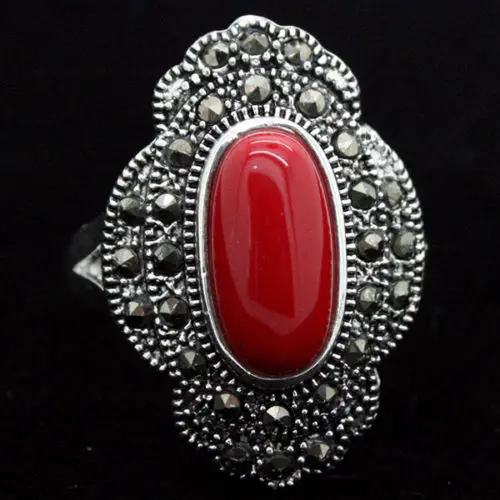 

women Fashion Jewelry 24*16mm Vintage 925 Silver Oval Red Coral Marcasite Ring Size 7/8/9/10