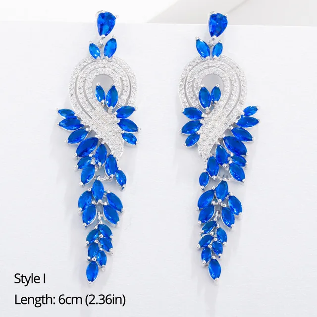 BeaQueen Leaf Flower Teardrop Cubic Zircon Royal Jewellery Big Dark Blue CZ Crystal Long Dangle Wedding Earrings for Women E293 Style I