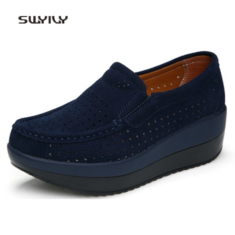 SWYIVY Women Toning Shoes Genuine Leather Thick-sole Breathable Swing Shoes Summer Hollow Big Size 42 Female Slimming