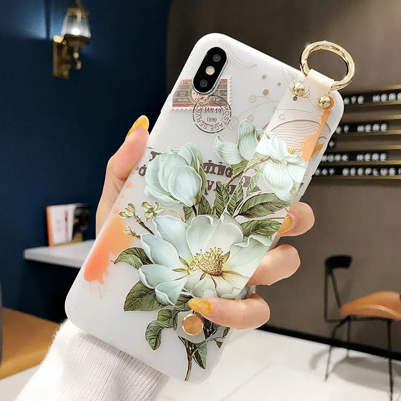 SoCouple ремешок на запястье Мягкий ТПУ чехол для iphone X Xs max XR 11 Pro Max чехол для iphone 6 6s 7 8 plus цветочный держатель для телефона чехол - Цвет: IK21-22WDUPWhite