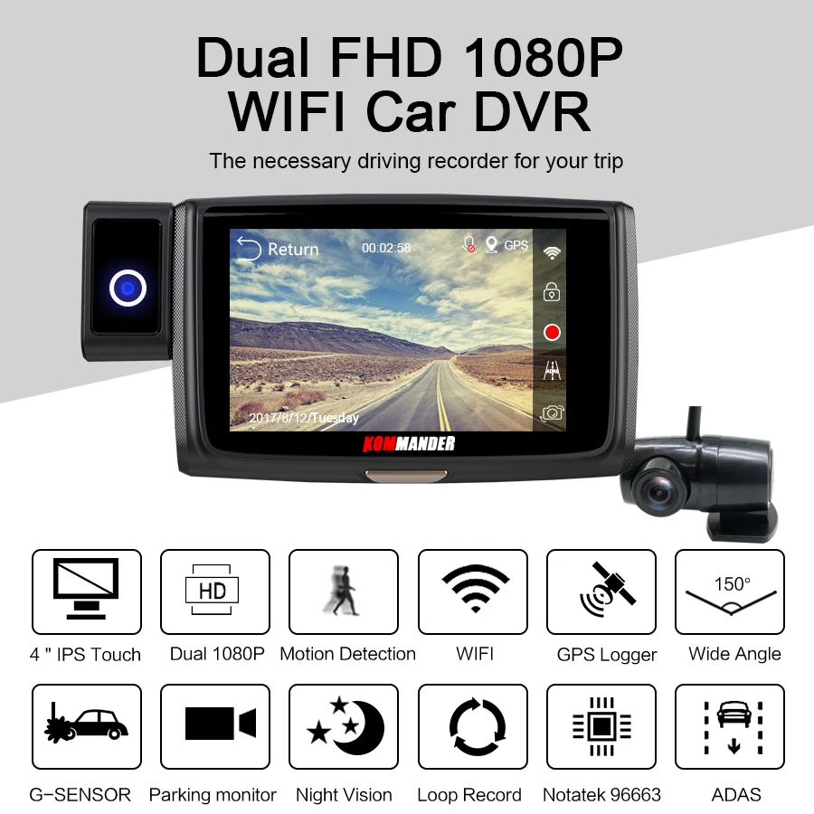 Kommaner Wi Fi DVR двойной FHD 1080 P Новатэк NT96663 Sony290 Сенсор Ночное видение видеомагнитофон