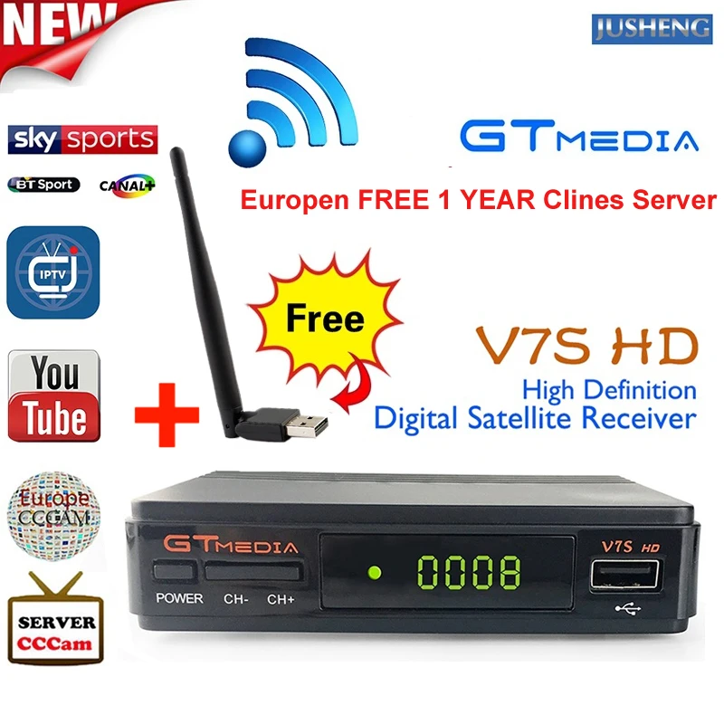 Free CCcam 1 year V7S HD DVB S2 Satellite Receiver with USB WIFI 1080P