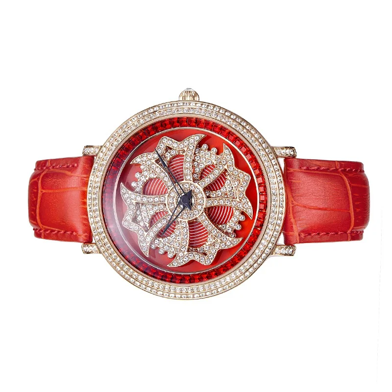 Ladies Luxury Bling Rhinestone Genuine Leather Rotate Flower Watches Women Quartz Watch Waterproof Best Quality Gift Davena Top
