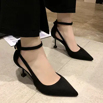 

2019 spring new high heel women's fine with a sexy pointed word buckle cat with hollow single shoes fashion