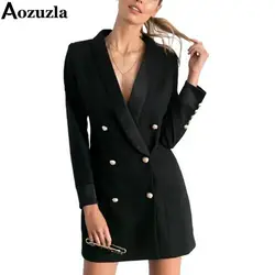 Для женщин осень сплошной длинный костюм Блейзер 2019 модный бренд двубортный офисное пальто черный/белый элегантный V образным вырезом