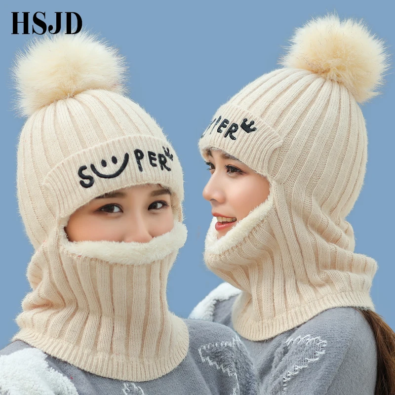Best  New Rabbit Hair Balaclava Knitted Winter Hats For Women Thick Mask Skullies Beanies Smile Caps For 