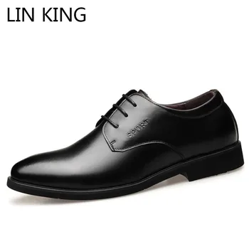 

LIN KING Spring Autumn Genuine Leather Men Business Dress Shoes Plus Size Lace Up Pointed Toe Man Wedding Party Oxfords Shoes