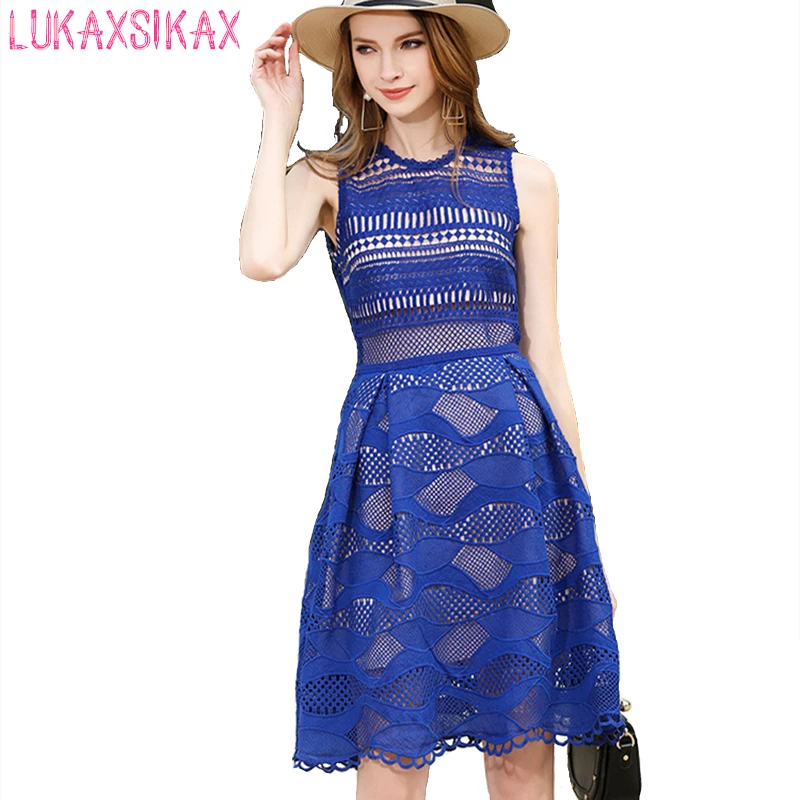 High end Custom 2017 New Women Summer Dress Fashion Blue Lace Hollow