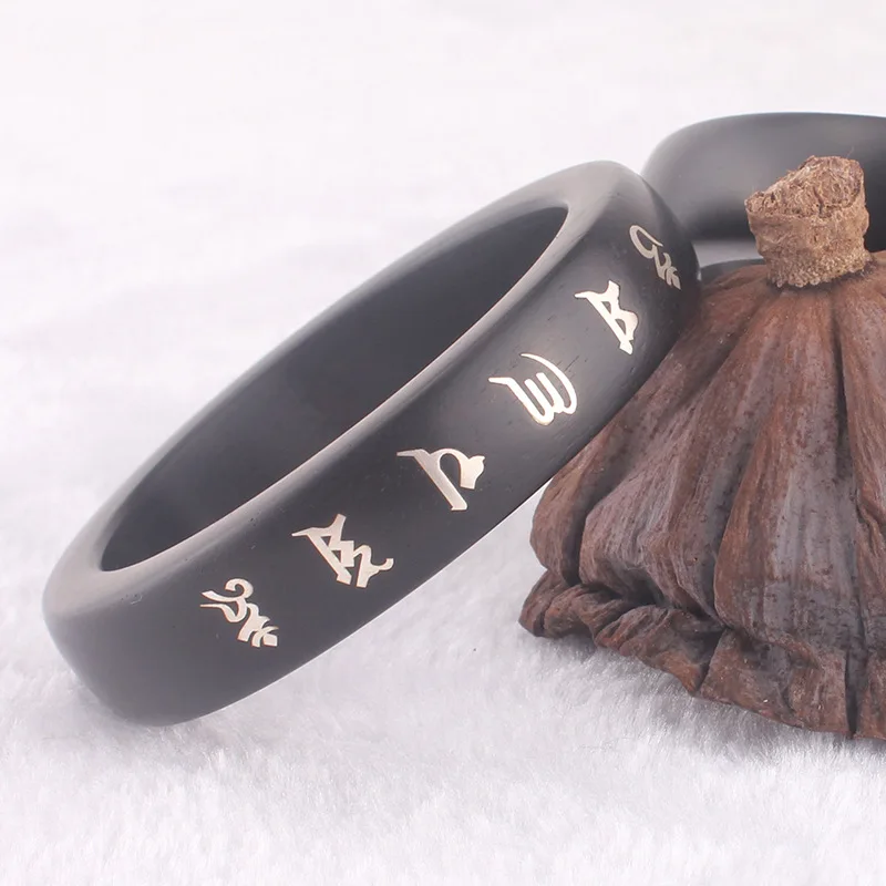 

999 Sterling Silver Swastika Shurangama Mantra Ebony Bangle 15mm Wooden Bracelets For Women And Men Tibetan Buddhism Jewelry
