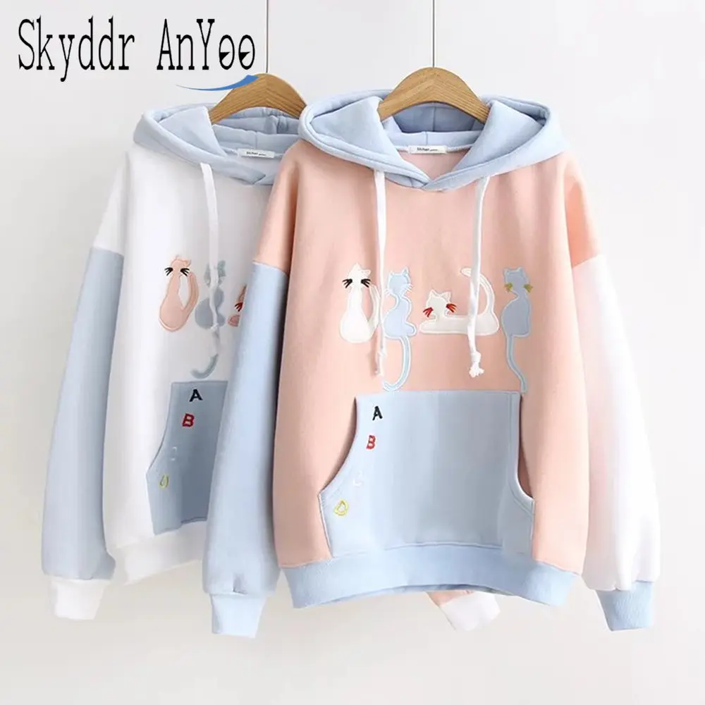 

2019 Autumn Winter Fleece Women Hoodies Harajuku Pullover Sweatshirt Japanese Kawaii Cute Hoodie Cat Patch Sweet Streetwear Tops