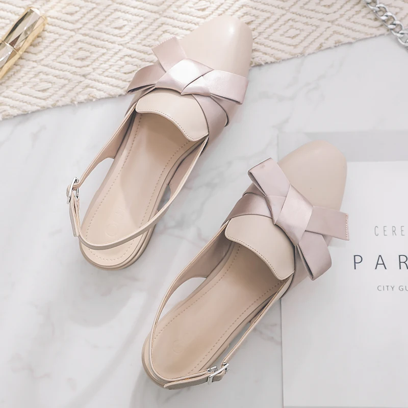 

2018 Low-heeled Flat Female Sandals Bow Shallow Mouth Square Head Roman Sandals Female Summer Baotou Students