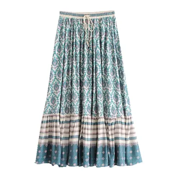 

Ethnic Elastic waist Paisley floral print Skirt 2018 New Women Bow tie High waist Midi Long length Swing Skirts Femme