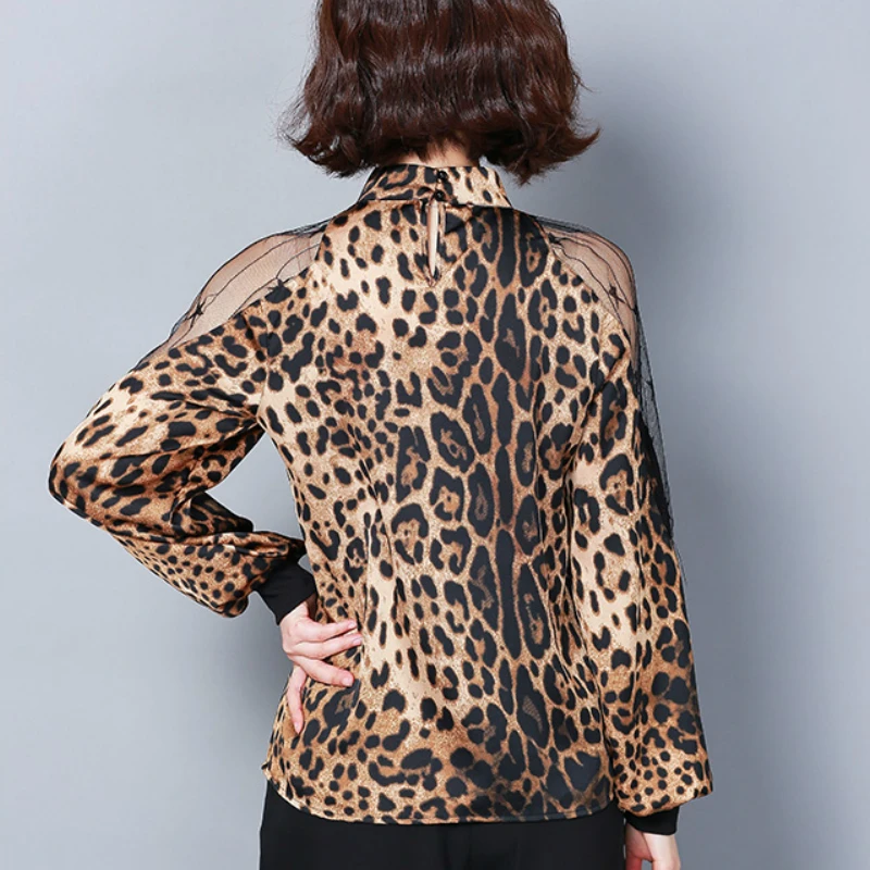  Fashion womens tops and blouses sexy lace off shoulder top Leopard print chiffon blouse shirt long 