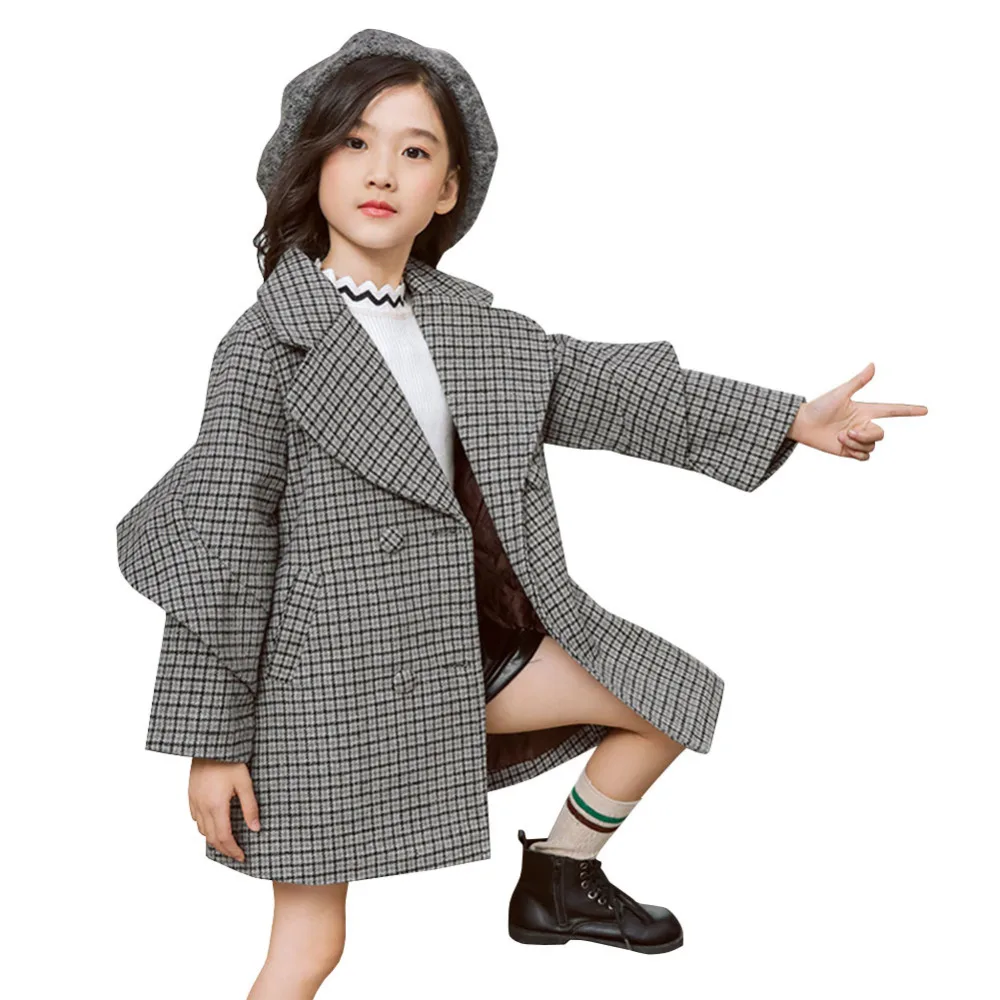 

Children Woolen Coat Autumn Winter Coat Kids Ruffles Woolen Warm Jackets Girls Grid Outerwear