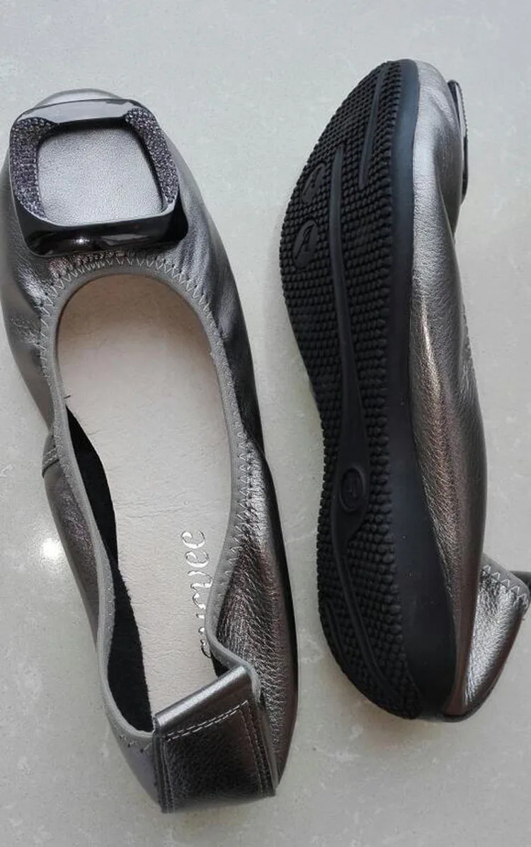 Ballet Flats Women Genuine Leather Loafers Round Toe Slip-on Flat Handmade Rhinestone Metal Decoration Balerinas Shoes for Woman (27)