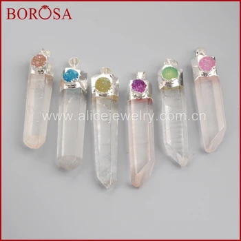 

BOROSA Pure Silver Color Natural Cluster Aura Druzy Quartz Crystal Point & Round Druzy Stone Pendant Bead Druzy Jewelry SS009