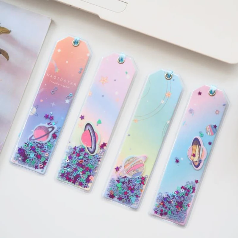 

4 Pcs/set Cartoon Shining Planet Space Starry Sky PU Bookmarks for Book Marker Page Holder Gift for Kids Children Stationery