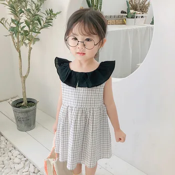 

2019 Summer New Arrival korean style cotton plaid princess sleeveless vest dress with doll collar for cute sweet baby girls
