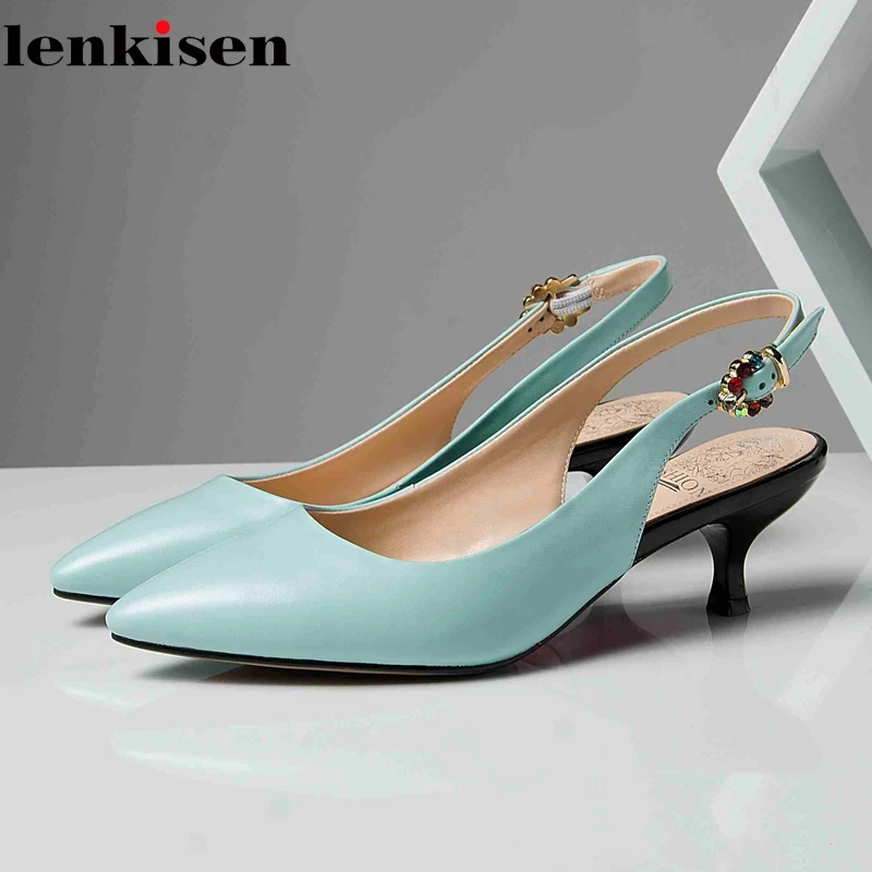 

Lenkisen genuine leather pointed toe thin med heel buckle straps blue black color runway cozy shallow colorful diamond pumps L59