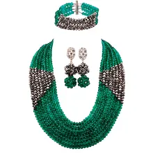 Бирюзовый зеленый армейский зеленый Серебряный Кристалл бисером Африканский бисер комплект ювелирных изделий нигерийское ожерелье Свадебные украшения подарки LBSJ11