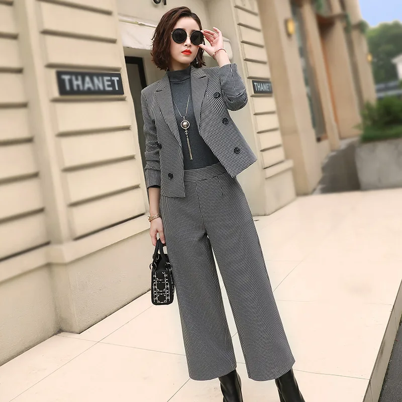 

Plaid short suit wide leg pants fashion two-piece female 2018 autumn new classic women's suit temperament elegant clothes