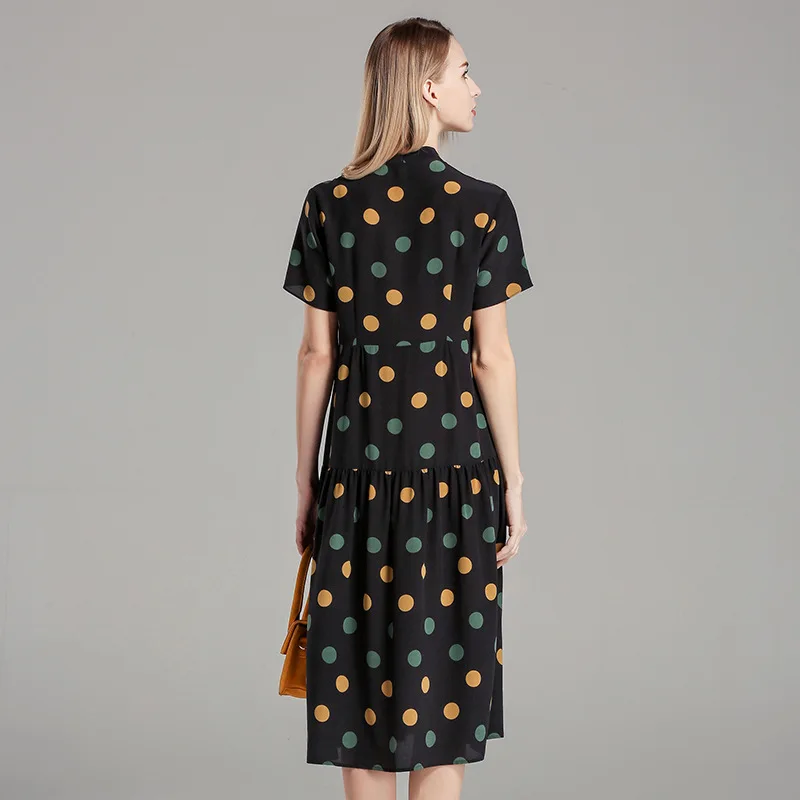 Women Midi Dresses Vintage Dot Print Summer Dress Silk Bow Neck Short Sleeve Dress Office Lady Casual Loose Vestidos Plus Size