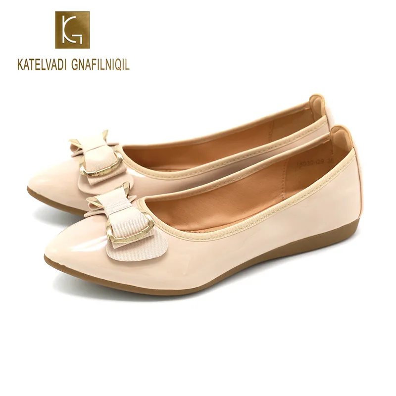 

Women Size 35-40 Flats Shoes Beige Patent Leather Slip On Bowtie Flat Shoes Sewing Casual Bowknot Shoe For Female K-296