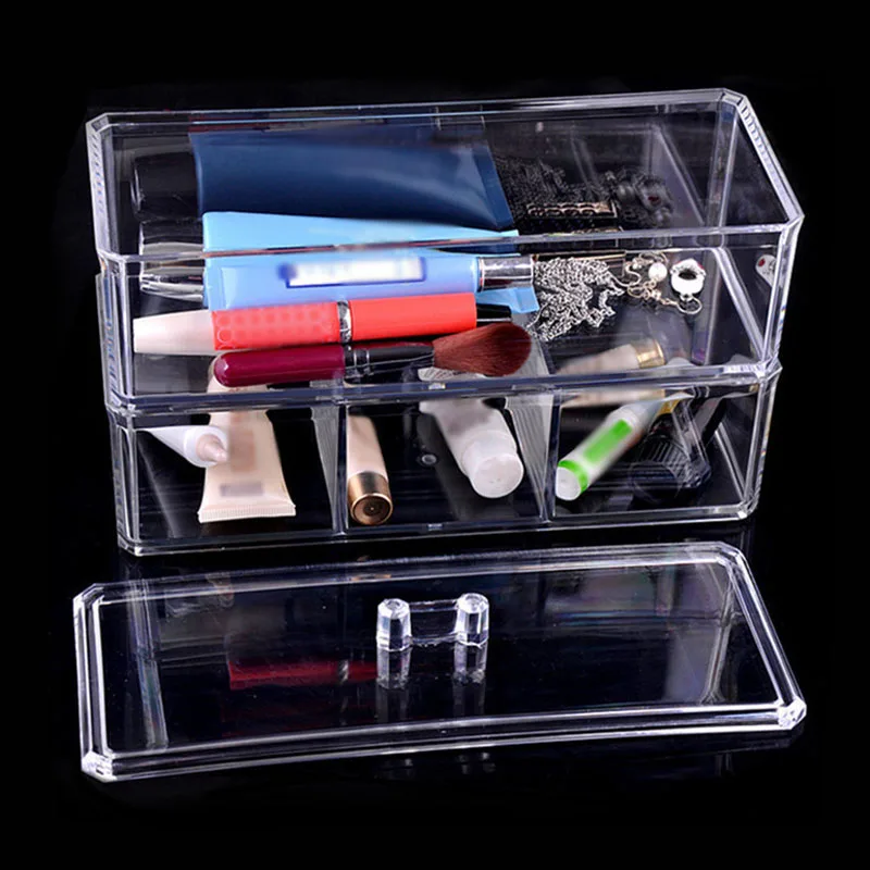 

2 Layers Clear Transparent Cosmetic Makeup Tools Storage Box With Lid Plastic Display Organizer Case SK88