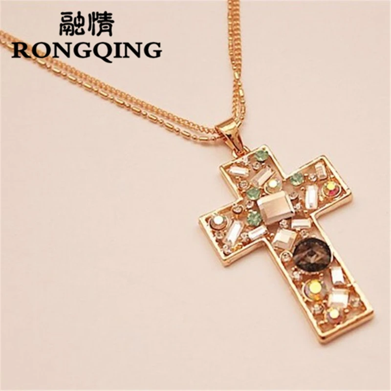 

RONGQING Rhinestone Cross Pendant Sweater Chain Necklaces Cross Long Necklace for Women Fashion Jewelery