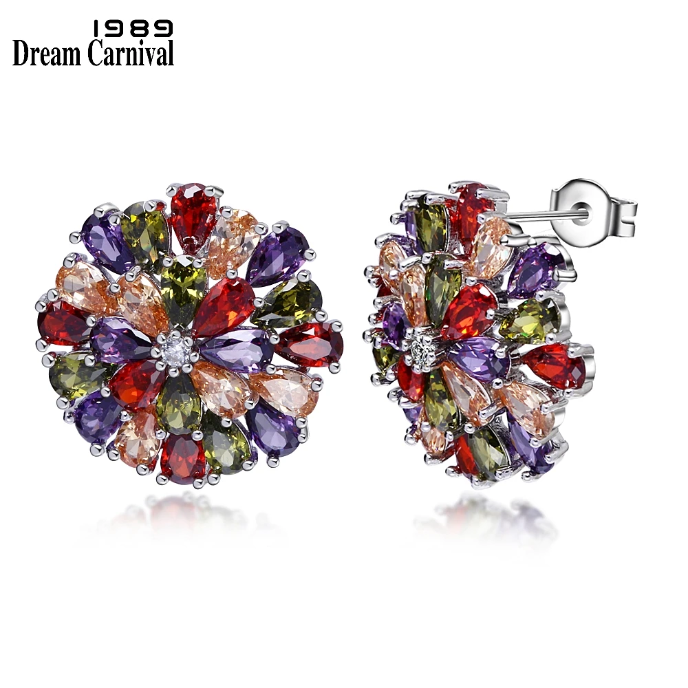 

DreamCarnival 1989 Luxury Flower Drop Shape cut Mixed Multi Colors Cubic Zirconia Stud Earring For Women Christmas Gifts E5810