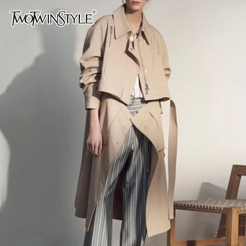 

TWOTWINSTYLE Autumn Detachable Trench Coat For Women Two Wear Windbreaker High Waist With Belt Coats Female Clothes Fashion New