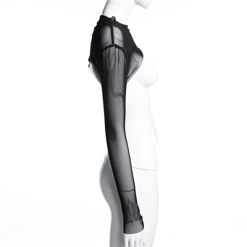 11Sweetown Black Mesh Crop Top Long Sleeve T Shirt White Transparent Tee Shirt Femme Sexy See Through Summer Tops For Women 2018