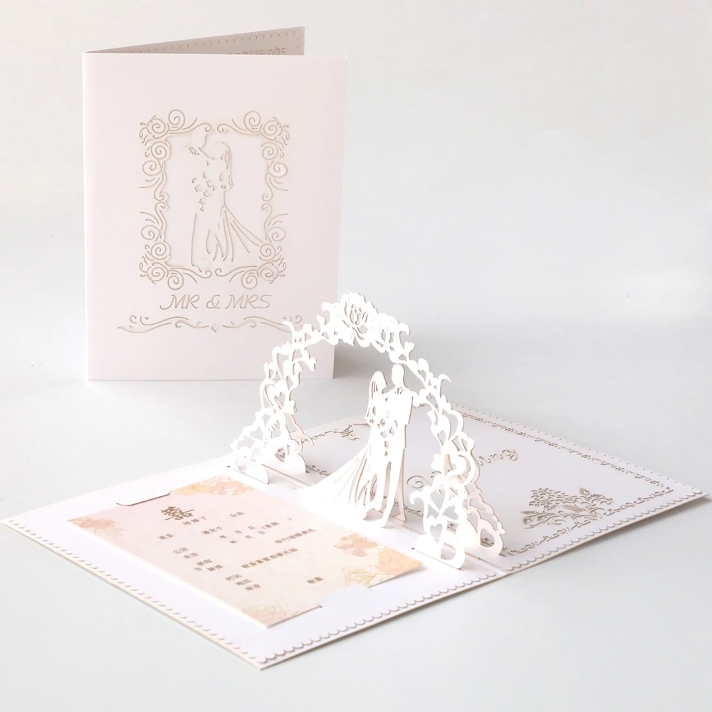 Свадебные приглашения 3D лазерная резка открытка-раскладушка настраиваемая Романтическая свадьба поздравление 100 шт открытки и 100 шт Конверт 4 цвета