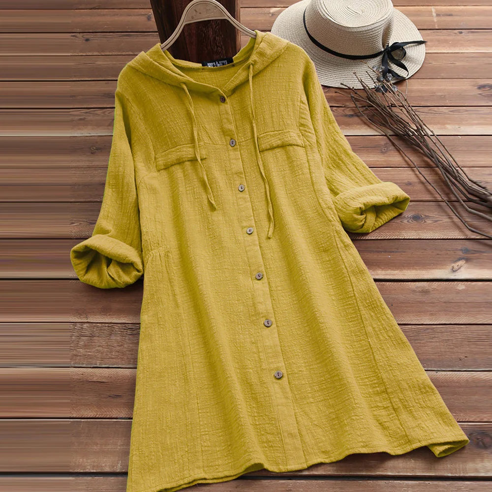 

Plus Size 5xl Cotton Linen Blouse 2019 Long Sleeve Fashion Vintage Retro Harajuku Tops Woman Clothes Button Hooded Shirt Dress