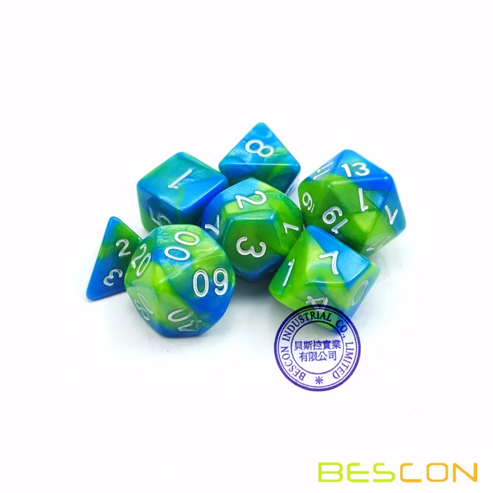 Bescon мини Gemini двухцветная многогранная игральная кость РПГ набор 10 мм, маленький мини РПГ ролевая игра игральные кости набор D4-D20 в трубке, Аквамарин