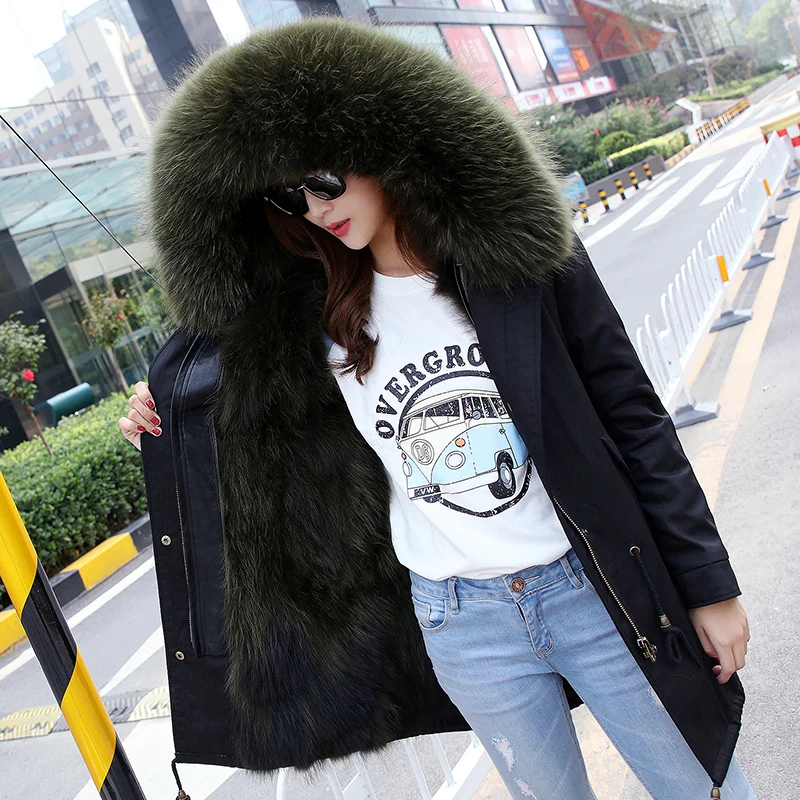 Natural raccoon dog fur collar hooded women's fox fur liner parkas
