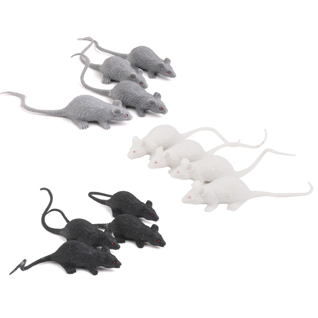 12 Pieces Plastic Vivid Rats Halloween Rodents Animals Model Party Jokes Black Grey White Mouse Prop