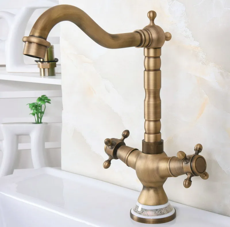 Antique Brass Dual Cross Handles Ceramic Base Bathroom Kitchen Basin Sink Faucet Mixer Tap Swivel Spout Deck Mounted mnf603