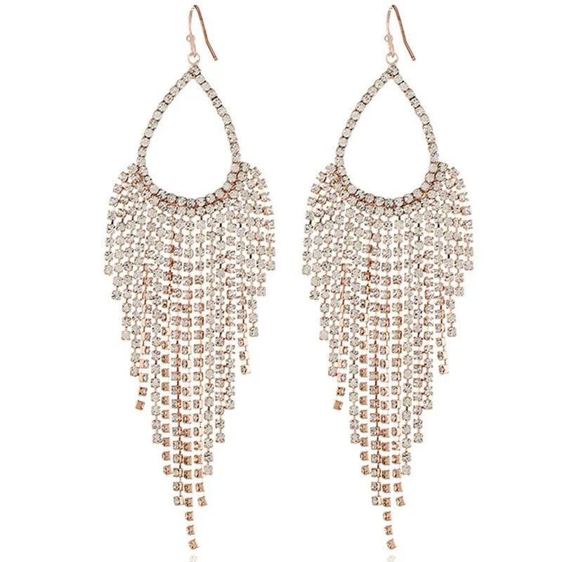 New Hot Bling Bling Full Crystal Long Tassel Dangle Earrings For Women Ear Jewelry Trendy Drop