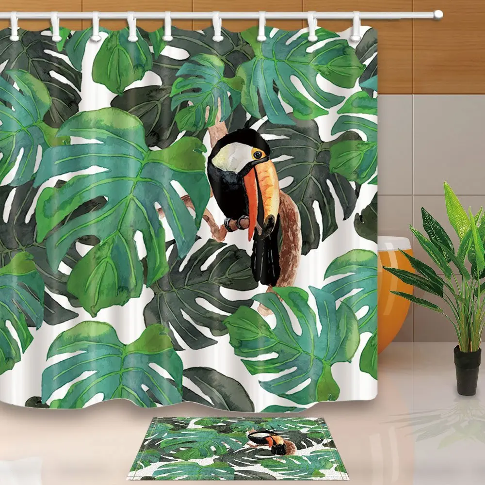 

Watercolor Monster Leaves Bath Decor Bird Toucan in Tropical Tree branch Waterproof Polyester Fabric Shower Curtain Set Doormat