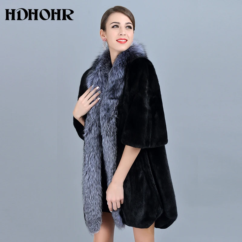 HDHOHR, модное пальто из натурального меха норки, женские теплые парки с большим воротником из меха лисы, толстые зимние куртки высокого качества из норки для женщин