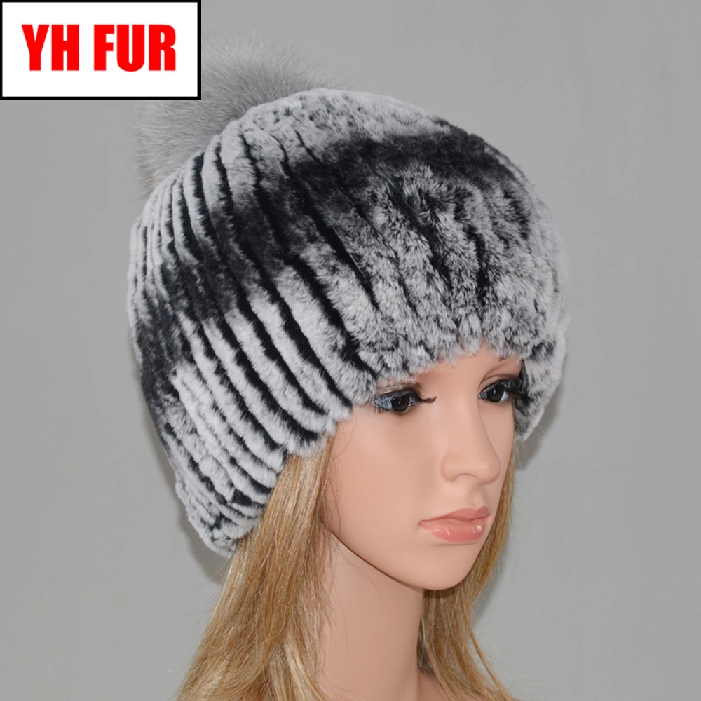 

Winter Fur Hat women Luxury Rex Rabbit Fur Hats Handmade Striped Rex Rabbit Fur Caps Knit Beanies Cap With Fox Fur Ball Pompoms