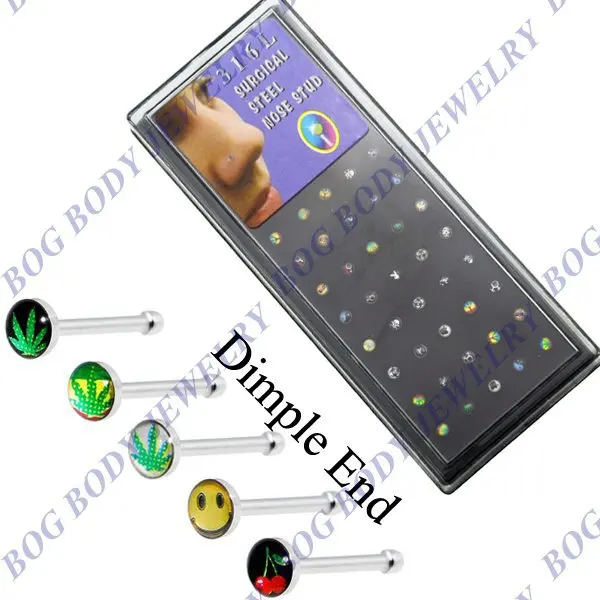 

BOG 40Pieces/Box- Logo Nose Bone Ring Stud Pin Straight-bar With Dimple End And 3mm Logo 20 Gauge 0.8mm Mixed Logo