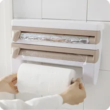 Quick Cling Film Cutter Plastic Food Wrap Dispenser Roll Paper Towel Storage Rack Kitchen Organizer Shelf Wall Hanging Holder