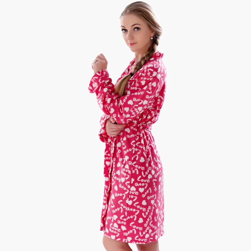 Весна осень Дамы размера плюс мягкий флис красный халат любовь белье халат кимоно пижамы халат для женщин